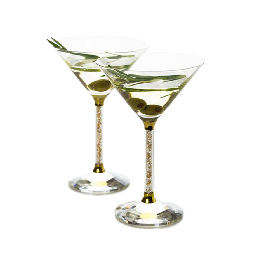 Set of 2 Martini Glasses with Gold and Clear Crystal Filled Stems –  Drinking Divas