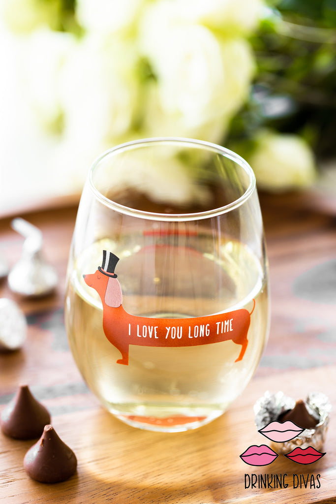 I Love You Long Time Dachshund Stemless Wine Glass