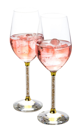 Set of 2 Wine Glasses with Brilliant Gold and  Clear Crystal Filled Stems